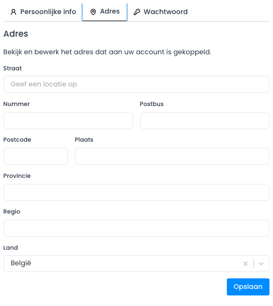 Tabblad Adres van het profiel